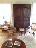 French Bergere, rocking chair, rug, books, Art Deco table, Chinese items, japenese stools, French side tables