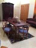 Table and 6 antique French country chairs, Chinese rug