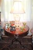 Century drum table, glassware,  crystal lamp