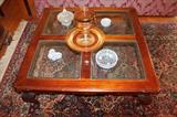 Thomasville glass-top coffee table and glassware