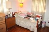 Twin bed (2 of these), cabinet, retro lamps, linens