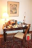 Sligh leather-top desk, lamps, chair, etc.