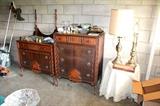Vintage dresser and chest-of-drawers, lamps, and glassware