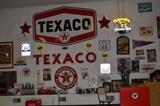 Texaco Letters, Round Sign in Porcelain and Large Double Sided Sign, Antique Glass Oil Bottles, Texaco Oil Changer, Coke Cooler, Camel Neon Sign, Detroit Tigers Pendant