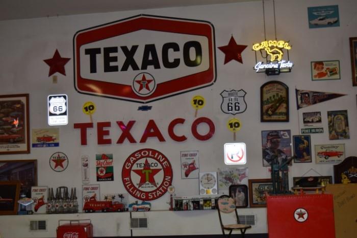 Texaco Letters, Round Sign in Porcelain and Large Double Sided Sign, Antique Glass Oil Bottles, Texaco Oil Changer, Coke Cooler, Camel Neon Sign, Detroit Tigers Pendant