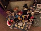 Vintage stuffed doll pairs, quilt, and small trunk