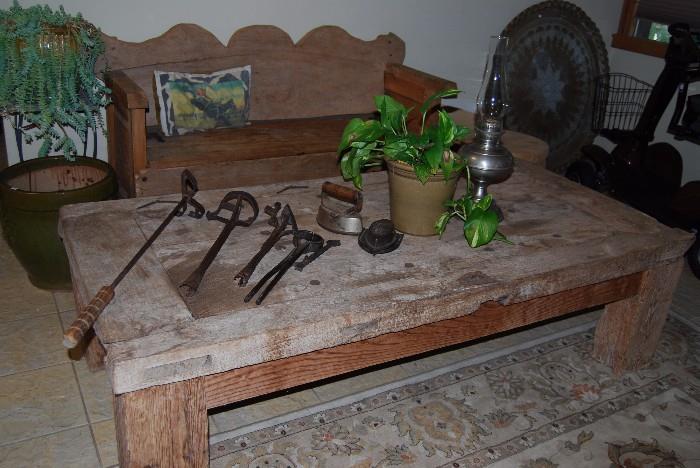 Wrought iron branding irons, antique irons, great rustic cocktail table