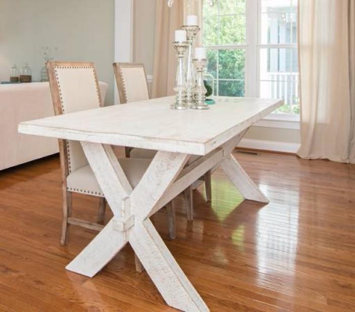 Antique Farm Table, solid wood, distressed white, French stampings, purchased from Lucket's Antiques.