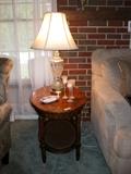 Oval end table, Glass lamp, Spode dish