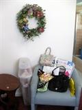 Arched blue chair, xmas paper container, side table, wreath