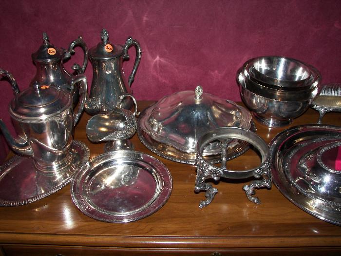 silverplate teapot, trays, bowls, covered dishes and more