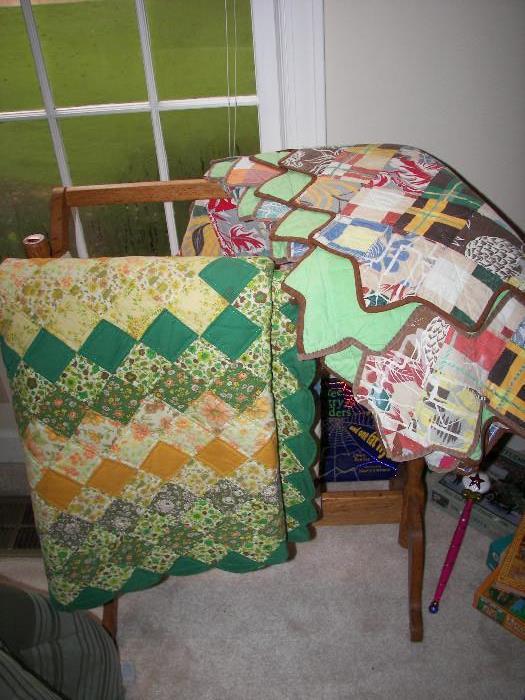 Vintage bark cloth and other fabric quilts 