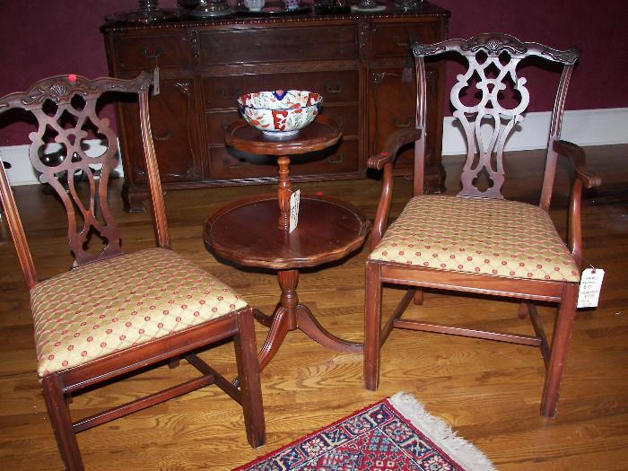 chippendale chairs,two tiered pie crust table, sm rug and sideboard