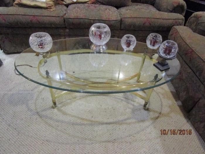 Glass table with Rose Bowls & Candle holders.