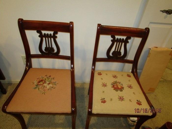 6 - Duncan Fyffe Chairs.  Owner cross stitiched patterns on each cushion.
