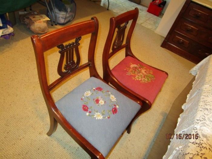 6 - Duncan fyffe chairs.  Owner cross stitched pattern on each chair.
