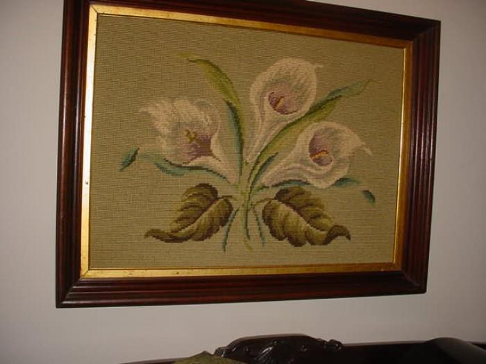 Large framed early hand crafted needlepoint tapestry