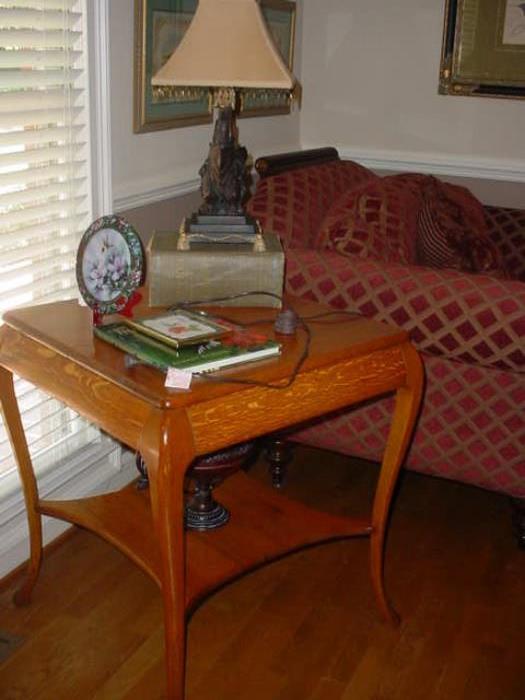 Beautiful square table, waterfall facing, and curved legs, plus the wonderful bronze lamp and other collectibles