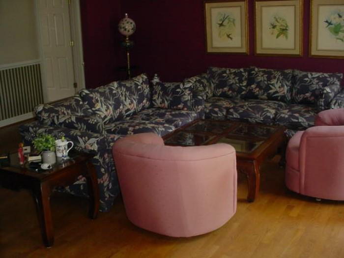 Family room pair of matching sofa's and contrasting Mid Century side chairs, with coffee table and matching end tables