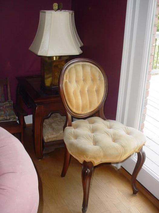 Beautiful bedroom side chair, brass lamp, nite stand table
