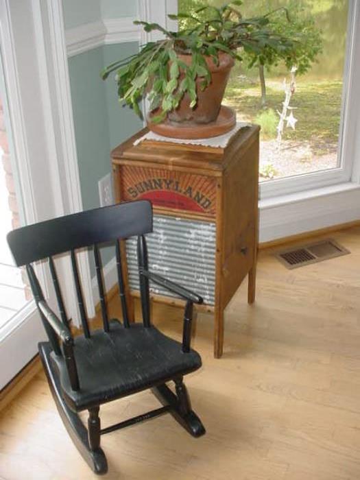 Washboard side table/cabinet with antique child size rocker...many house plants available too