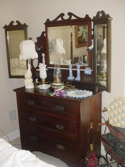 Antique Bedroom chest with 3 mirrors