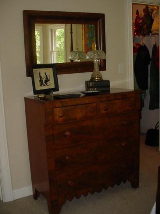 1880's bedroom chest, with original silhouette and glass lamp, plus large antique mirror