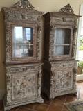 Pair Carved Oak White Wash Buffet with Hutch c. 19th c. France