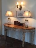 Curved Console with Pair of Crystal Lamps