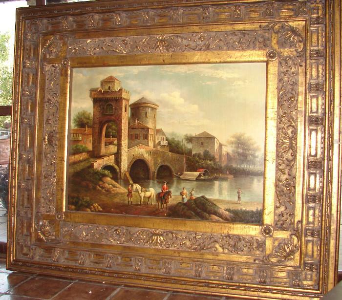 Large and impressive European oil on canvas with a fabulous frame. Must see. Perfect for large focal point in room.