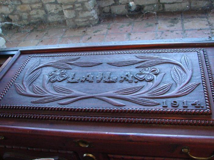 Very large carved marriage trunk with Hawaiian theme.