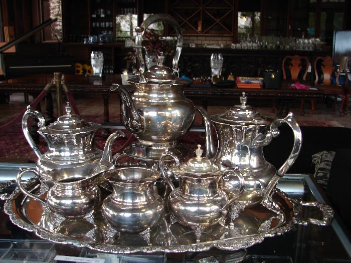 Sterling silver coffee and tea service with silver plated tray. $6,200 with Sale Part I 10% discount continued.