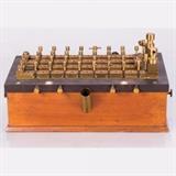 LOT 72 - A Wheatstone Bridge
Dimensions: H: 4 3/4 W: 15 1/4 D: 8 3/4 in.
Est: $500-700

Description A Wheatstone Bridge by Edelmann, Muchen, Late 19th/Early 20th Century. Interior galvanometer appears to have been removed. There are provisions for an external galvanometer. Instrument labeled: 1(ohm)=1.063 Q.E., Null=0.005 (ohm), and 20 degrees celsius.
 

Proceeds to benefit the Case Western Reserve University Dayton Miller Scholarship Fund.