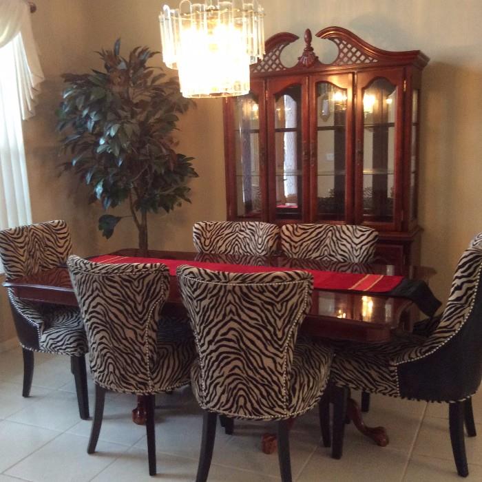 Elegant Dining Room Set Ebony Wood; 6 Chairs; China Cabinet in Back