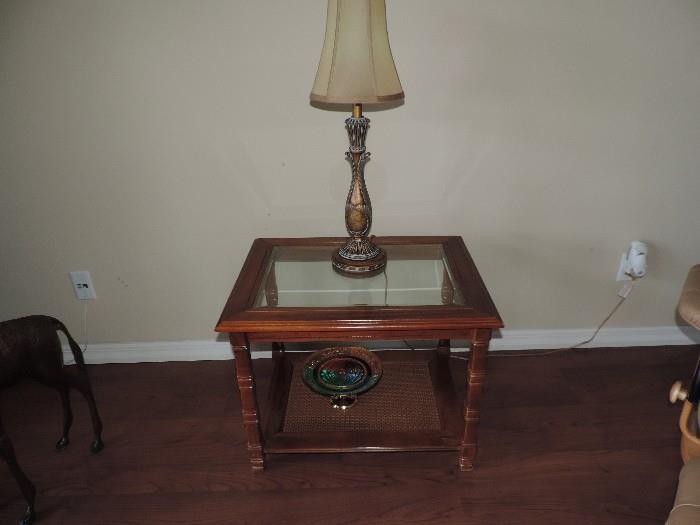 Side Table with Glass Top with Small Lamp