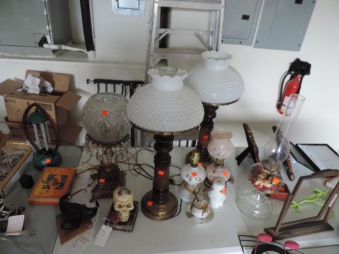 Pair of Milk Glass Lamps from the 50's , miniature lamps from the 50's also