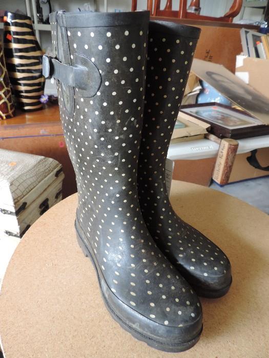 Polka Dotted Rain Boots: White on Black