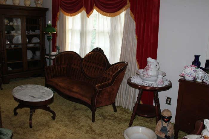 Marble top Tables, Victorian Sofa, Pitcher & Bowls