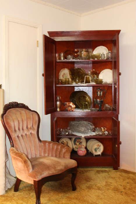 Corner Cabinet, Hummer Plates, Amber Depression Glass, Victorian Gentlemans Chair