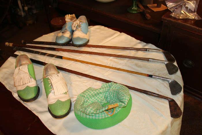 Fun Vintage Golf Items including Wooden Clubs