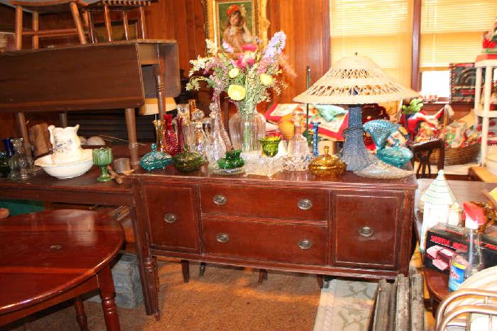 Mahogany Sideboard, 2 Pine Tables, Wicker Lamp, Colored Glassware