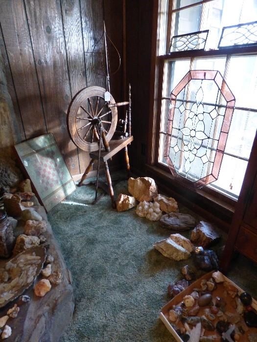 Antique spinning wheel, misc. rock mineral specimens