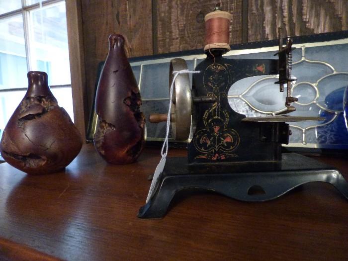 Miniature hand crank sewing machine, natural wood turned vases