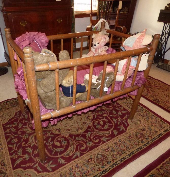 Antique oak baby rope bed/crib