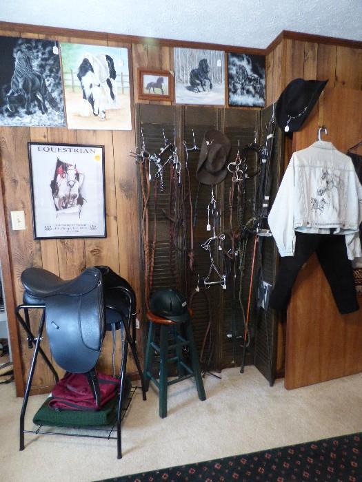 Horse related items, NEW leather English saddle, reins, bits, pictures, etc
