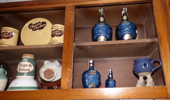 Wade pottery liquor bottles of different sizes, Charles Potato Chip Tins