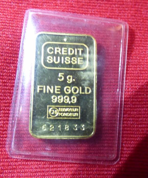 Credit Suisse 5 g. fine 999.9 gold ingot