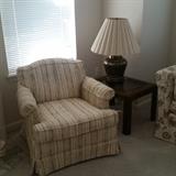 Drexel cushioned chairs, matching pair.  Table lamp and end table.