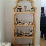 Rattan shelf; Displaying miscellaneous decorative knick knacks.