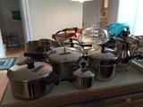 various revere ware pots; pressure cooker; cake plate